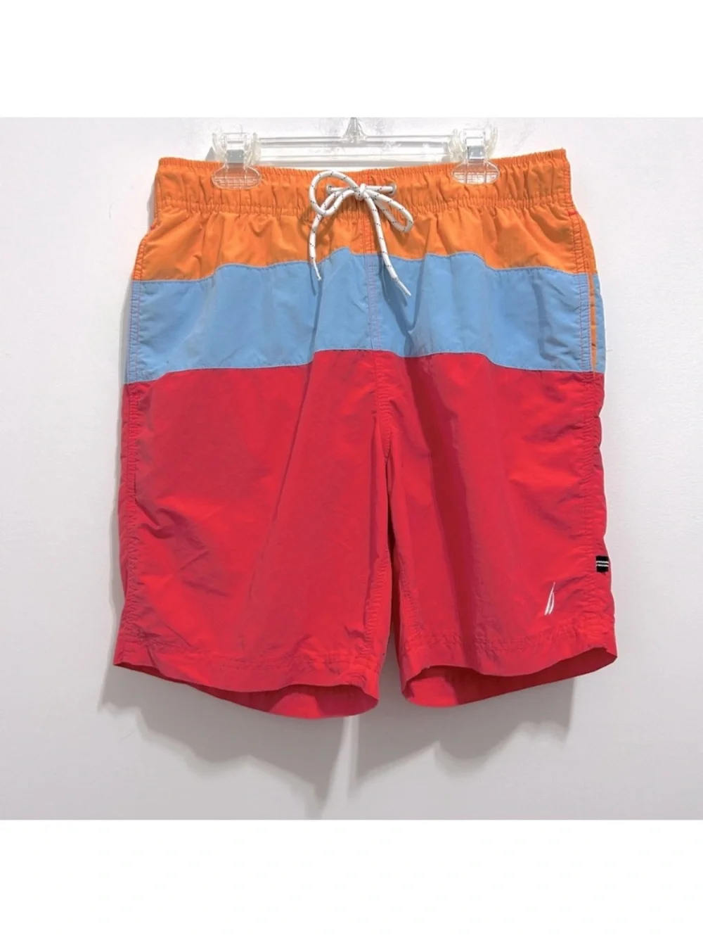 🔹Nautica Men’s Colorblock Swim Trunks in Red, Light Blue & Orange